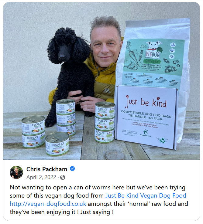 Chris Packham and Poodle Sid with Solo Vegetal and Green Crunch from Just be Kind