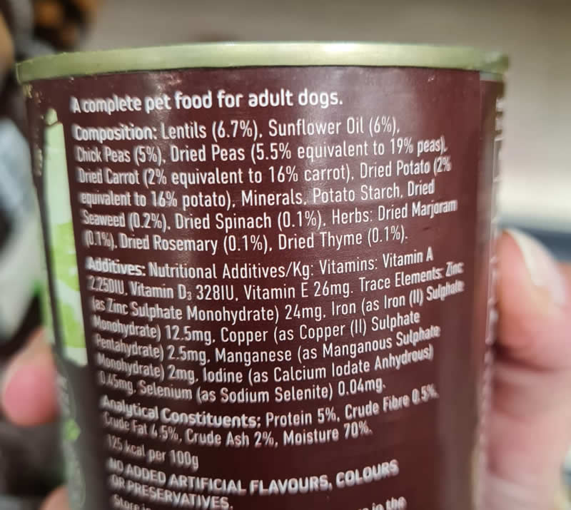 Ingredient list of Pets at Home Wainwrights plant-based food
