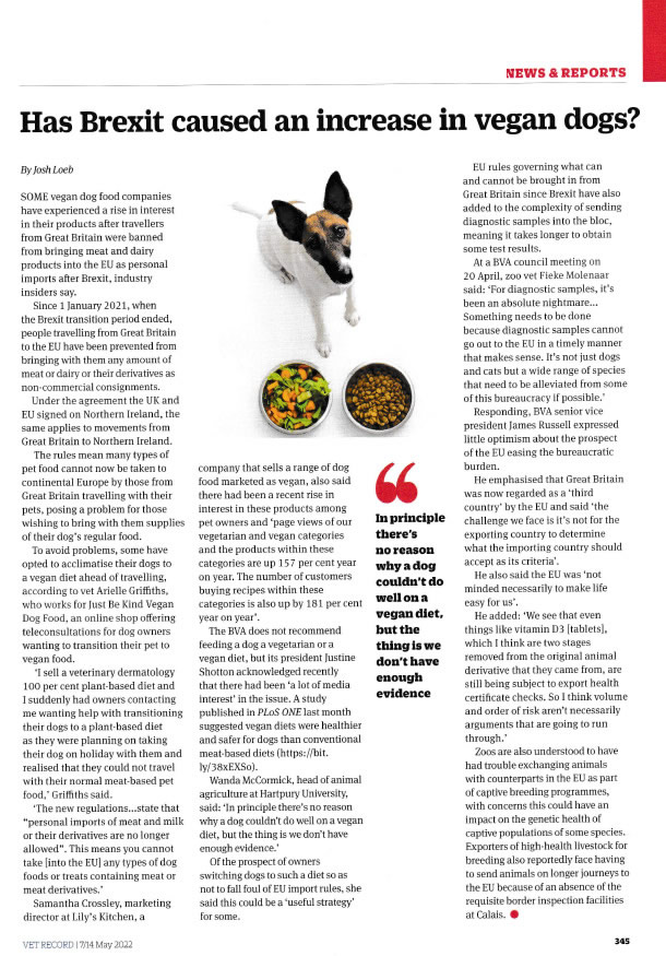 Read article published in May issue of Vet Record about the new EU regualtions and taking dog food to the EU